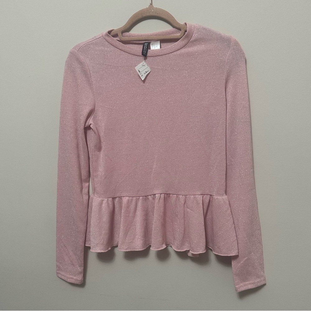H&M Shimmer Peplum Long Sleeve Top Pink Size S NWT